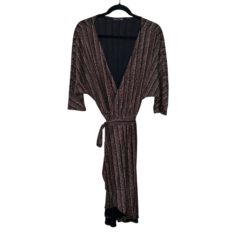 Zara Metallic Copper Black Wrap Dress Midi Short Sleeve V-Neck Party New Year L